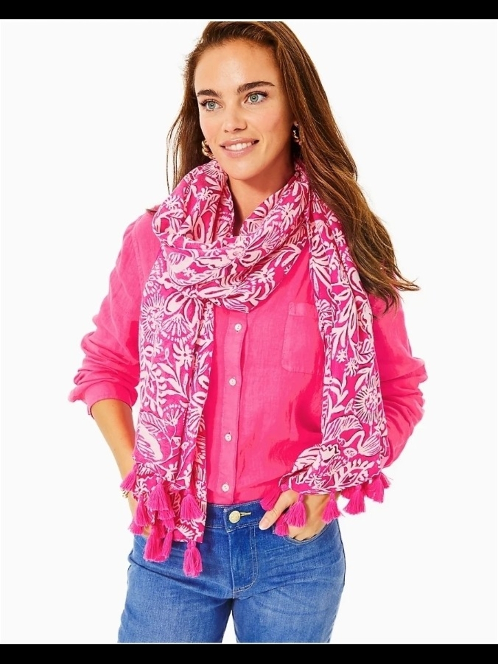 Lilly Pulitzer Hot Pink Floral Tassel Wrap Scarf